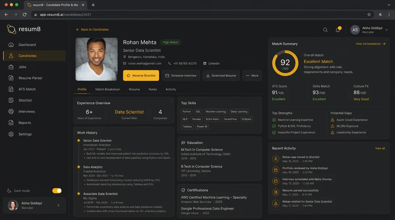 Resume8 — candidate profile & match summary